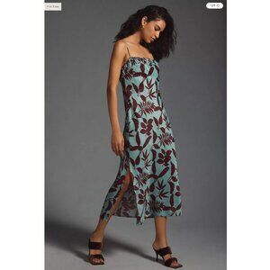 Anthropologie Squareneck Slip Dress in Aqua and Brown floral 1X